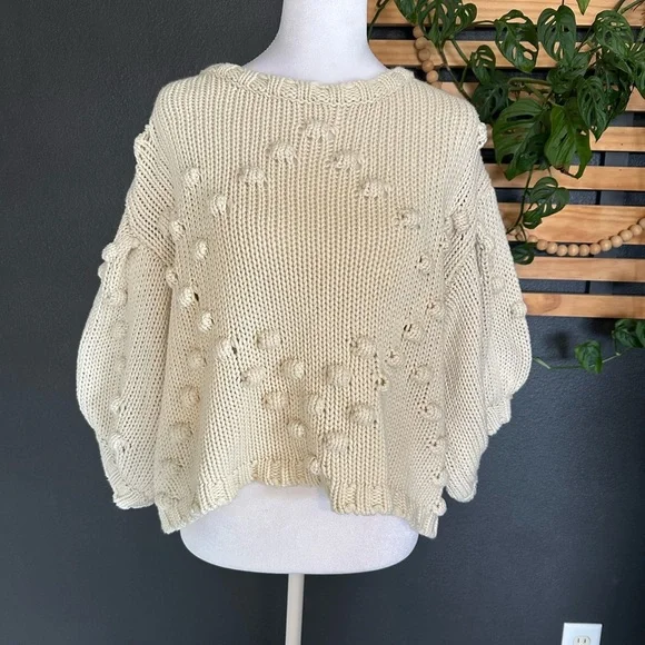 Sabo Cream Chunky Knit Pom Pom Sweater Poncho Oversized Small Boho Cozy - Picture 2 of 10
